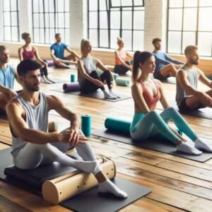 a group of people practicing Pilates to achieve mind and body well-being 