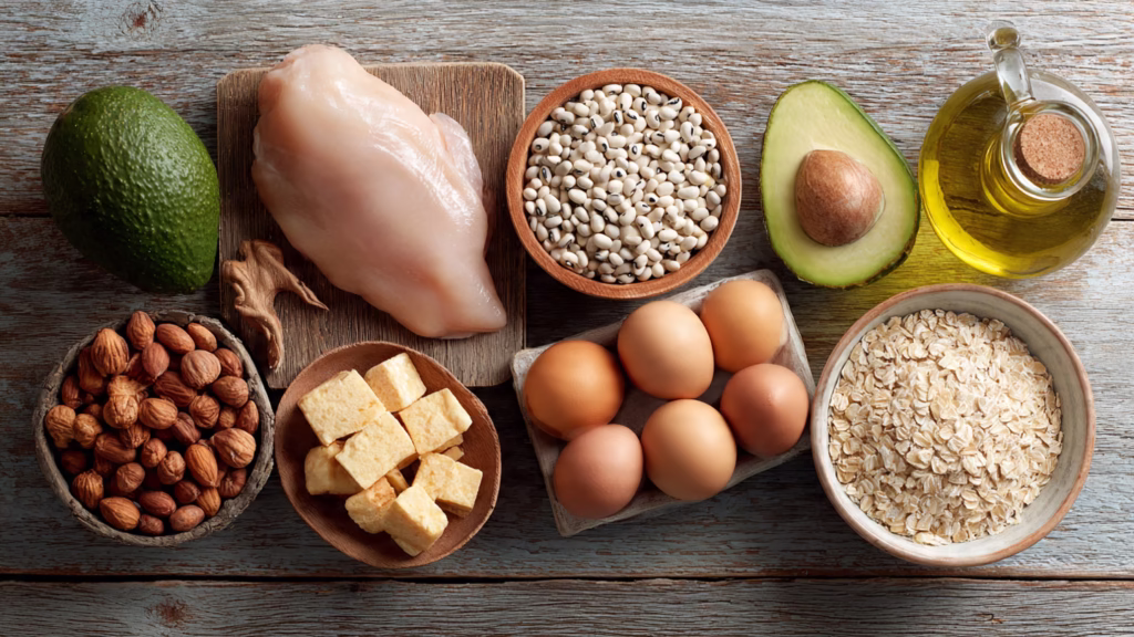An image of assorted food ingredients on a table-The Hidden Truth About Muscle Growth